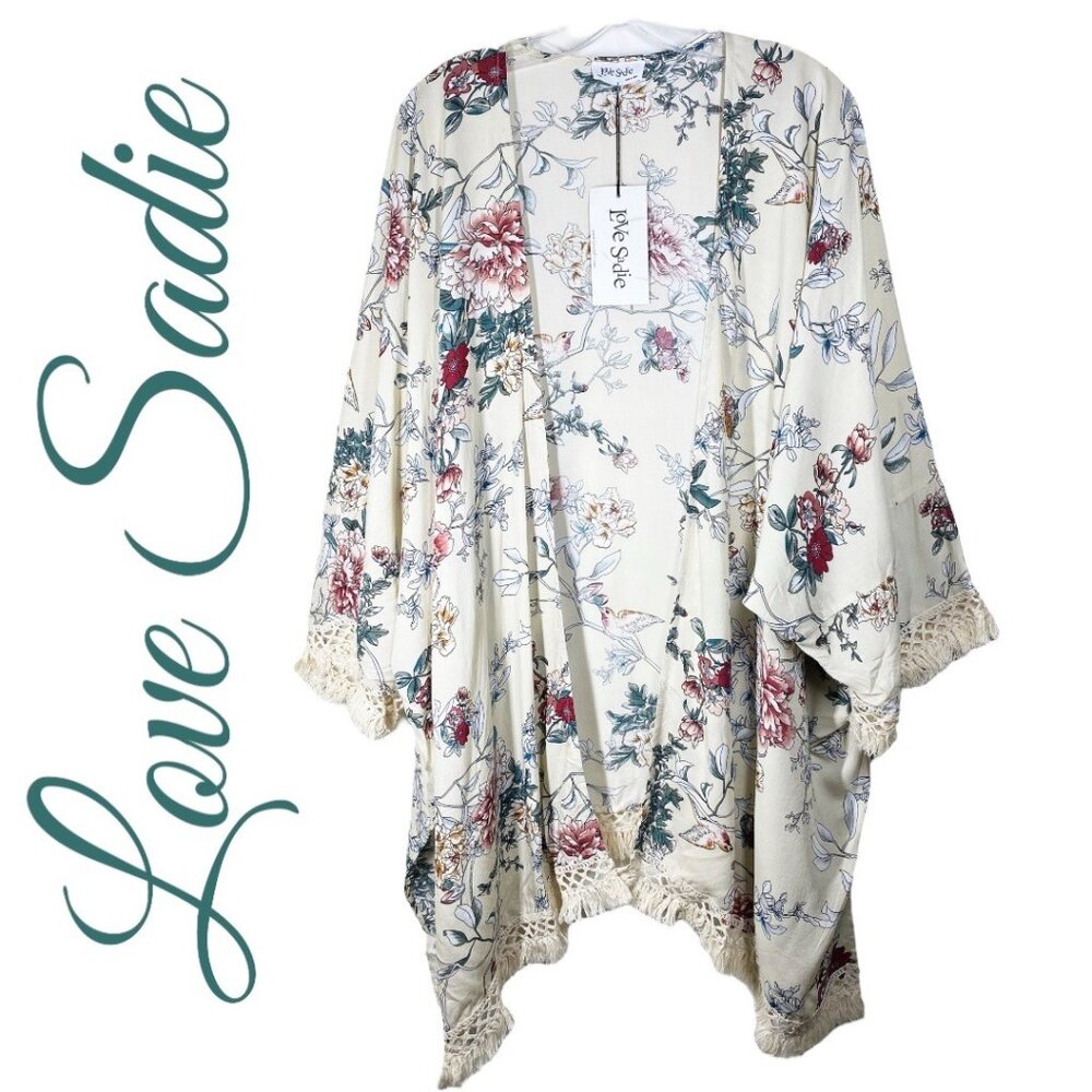 NWT LOVE SADIE FLORAL BOHO KIMONO‎ IVORY BIRDS FRINGE FESTIVAL, SIZE LARGE